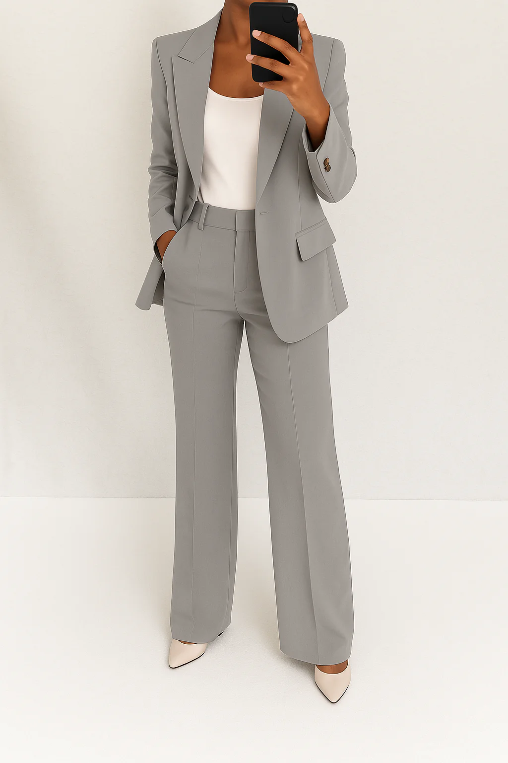 Professional women's tailored blazer & wide leg pants suit set. Ideal business attire for office.
