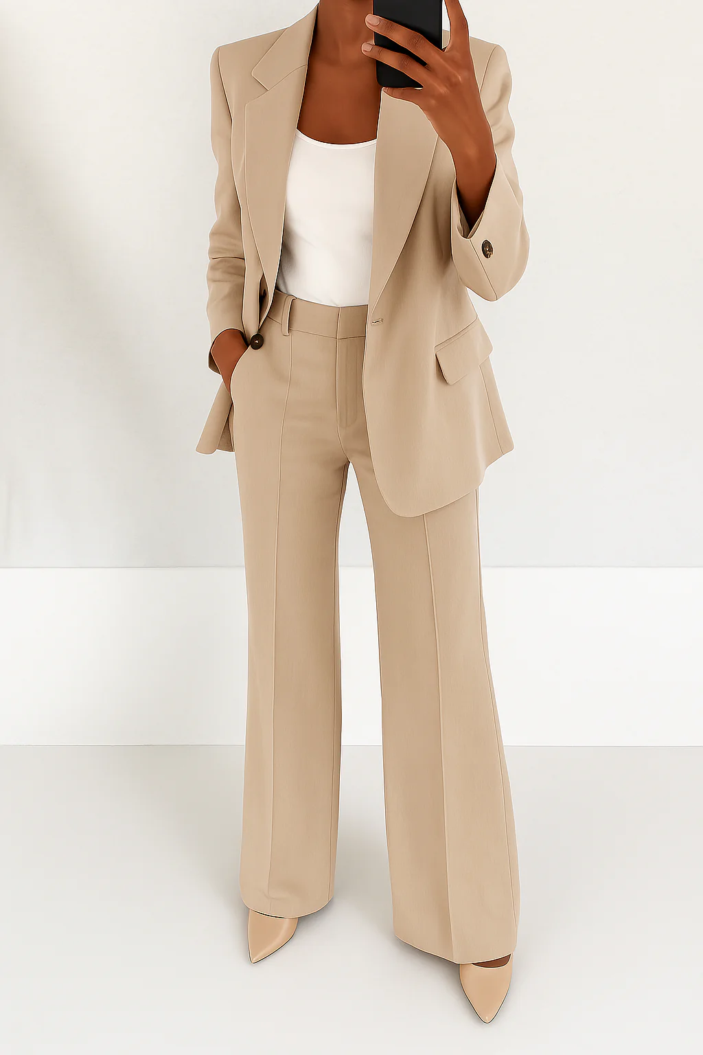 Modern sophisticated women's two-piece suit with tailored blazer & wide leg pants for a chic look.