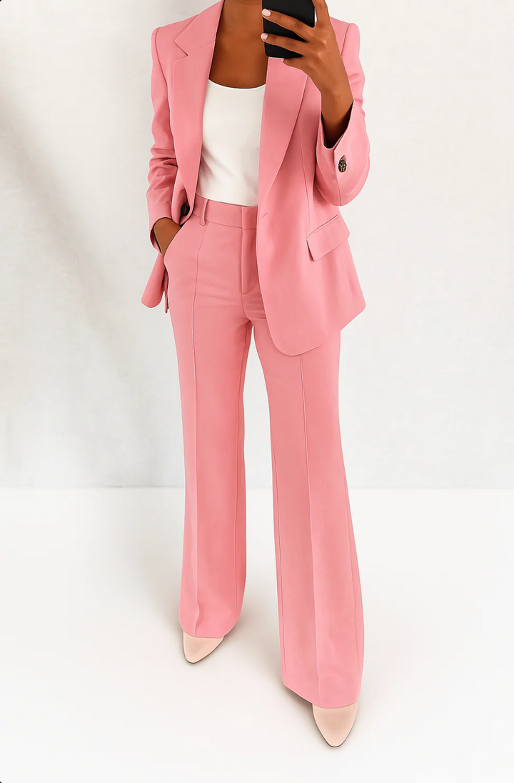 Stylish women's tailored blazer and matching wide leg pants set, a chic two-piece formal ensemble.