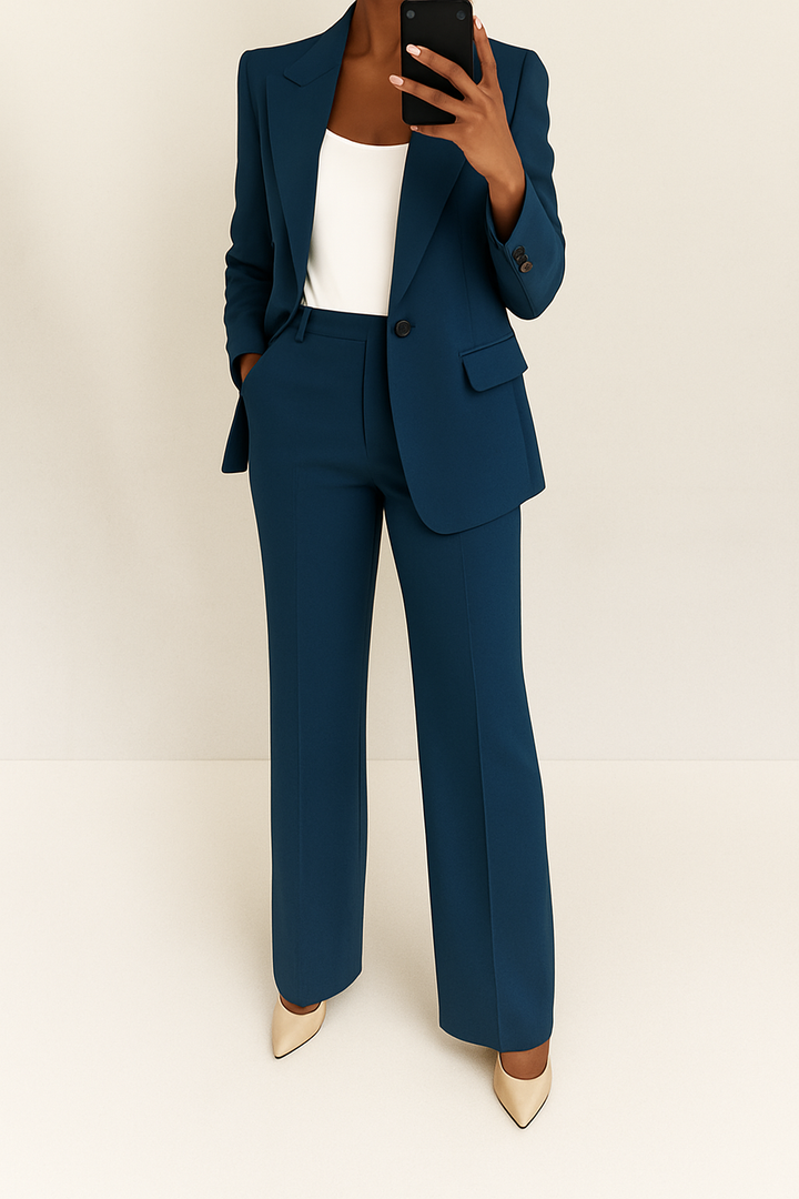 Complete women's elegant two-piece suit: tailored blazer & wide leg pants for a refined professional look.