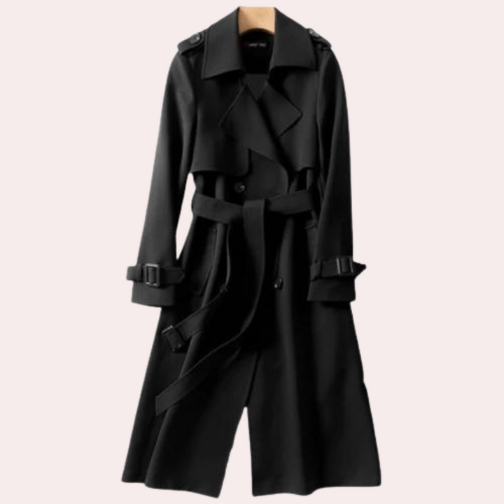 Elegant women's tailored long coat with double buttons, perfect for sophisticated formal or smart casual autumn wear.