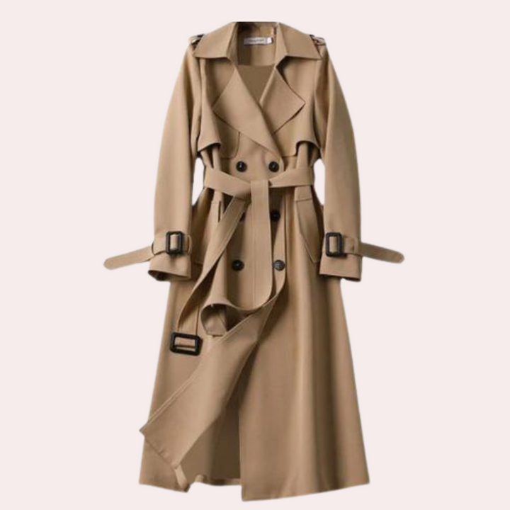 Stylish women's tailored double-button long coat, a must-have for elegant autumn & winter fashion outerwear.