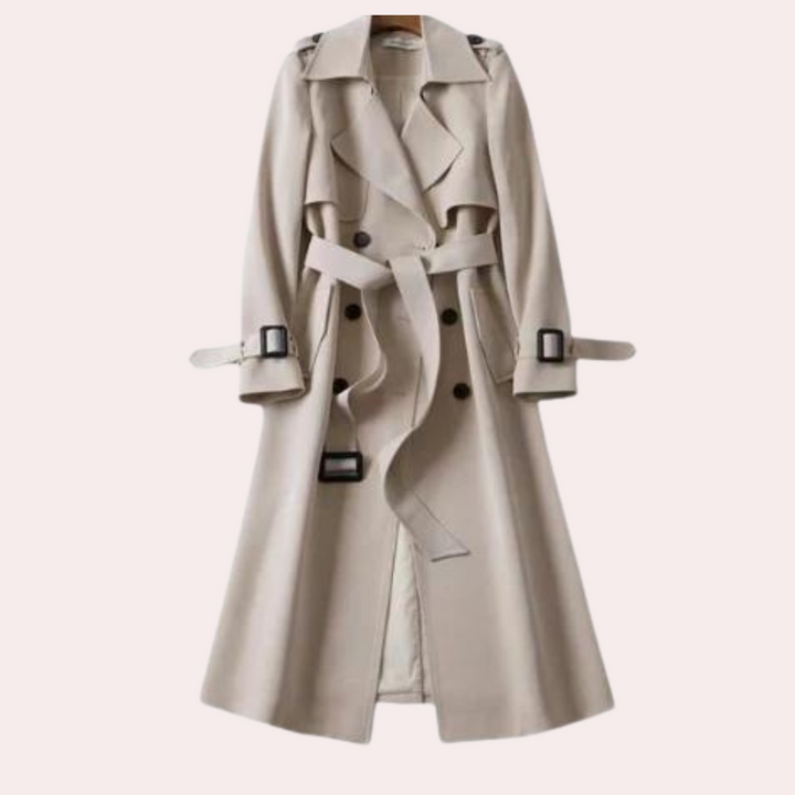 Classic women's long coat, tailored fit with double buttons, offering a sophisticated look for any occasion.