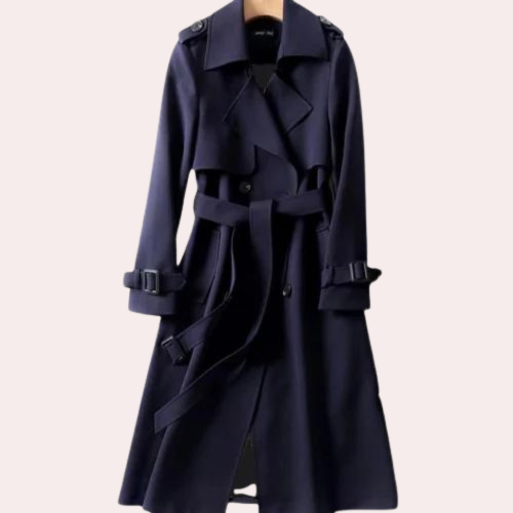 Chic women's tailored long winter coat with double buttons, perfect for both formal and casual elegant fashion.