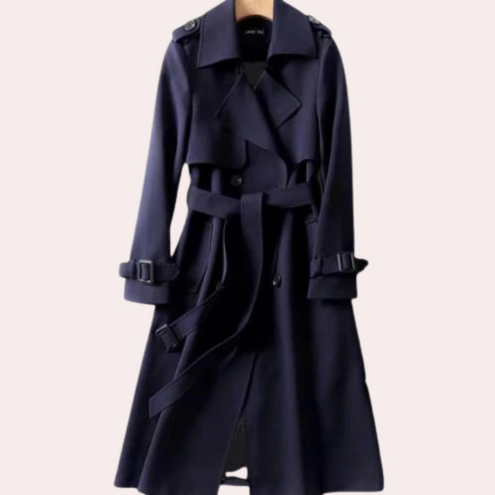 Chic women's tailored long winter coat with double buttons, perfect for both formal and casual elegant fashion.