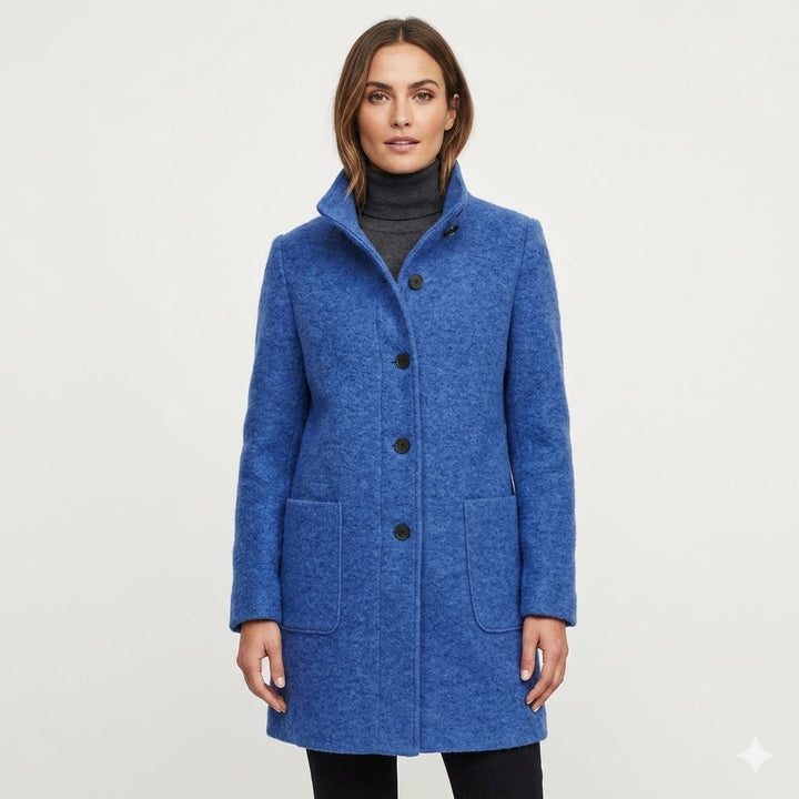 Elegant women's tailored mid-length coat with button closure, perfect for chic fall and winter workwear.