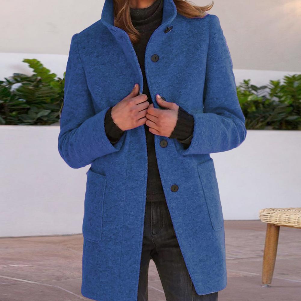 Chic women's mid-length tailored coat, versatile for casual or elegant outerwear with stylish button front.