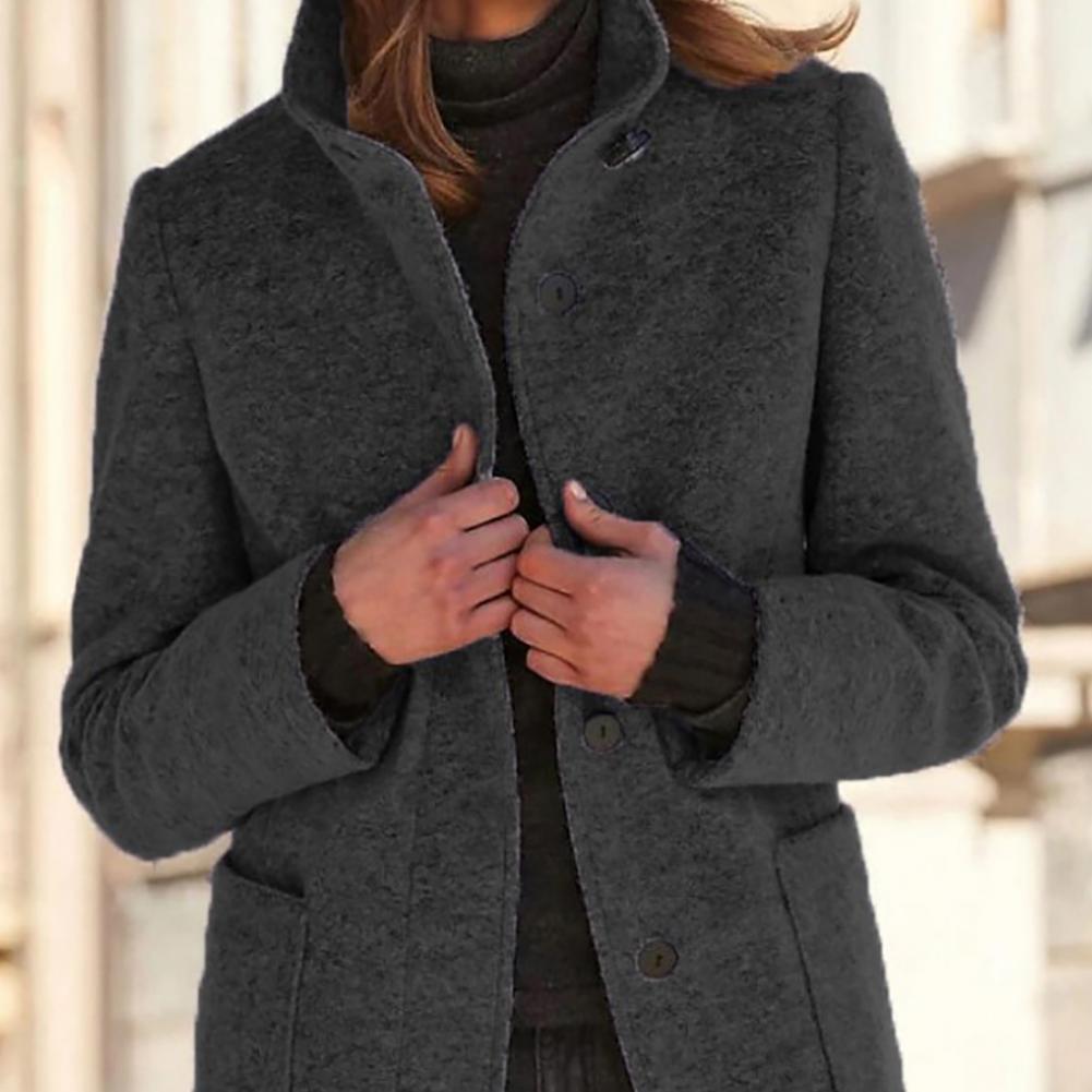 Women's tailored mid-length coat in a classic style with elegant button closure, great for fall & winter.
