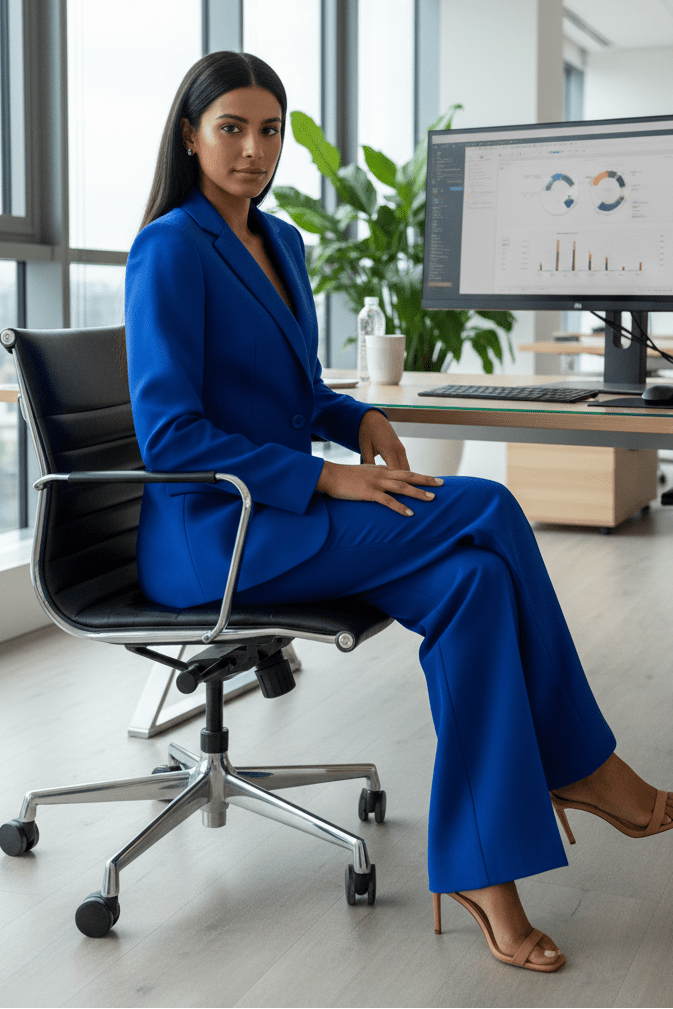 Women's professional tailored suit set featuring a stylish blazer & matching trousers for office chic.