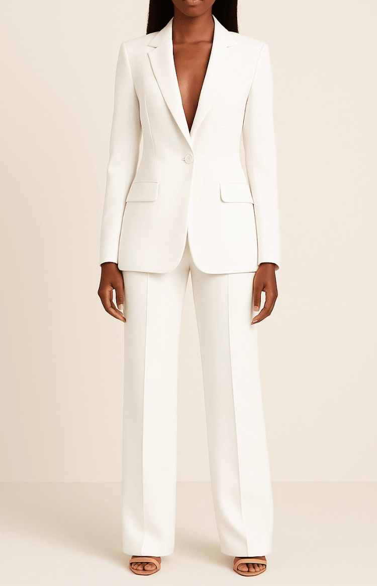 Women's elegant tailored suit. Professional, form-fitting blazer & trousers for a sharp business look.