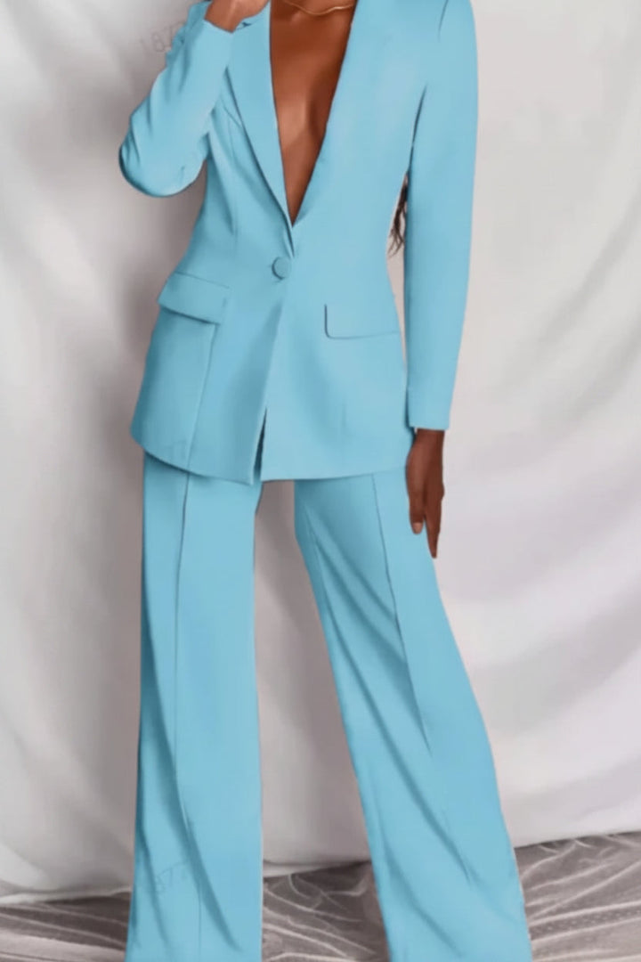 Women's elegant tailored suit set with blazer & trousers. Perfect for professional, chic business office wear.