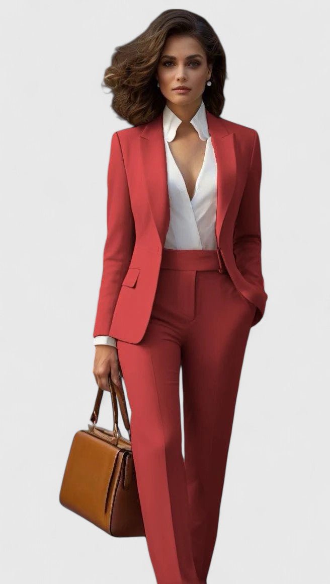 Elegant women's tailored suit with lapel blazer & straight leg pants, perfect for business or formal events.