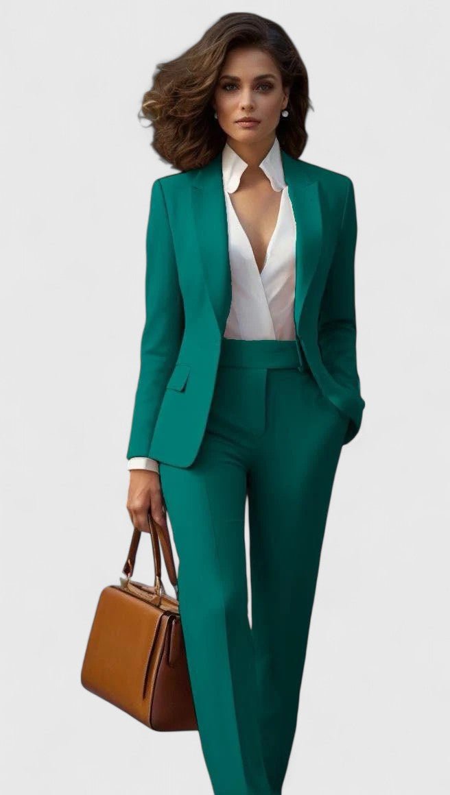 Stylish women's tailored suit featuring a classic lapel blazer and elegant straight leg pants, formal wear.