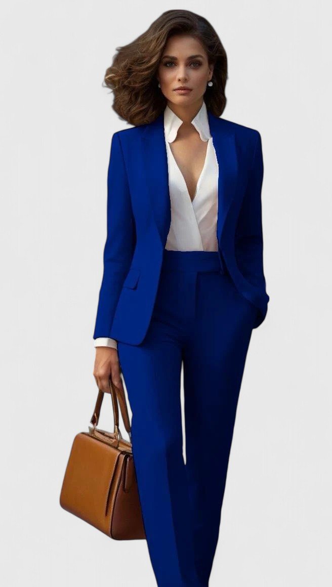 Formal women's tailored business suit with a sophisticated lapel blazer & straight leg pants, professional.