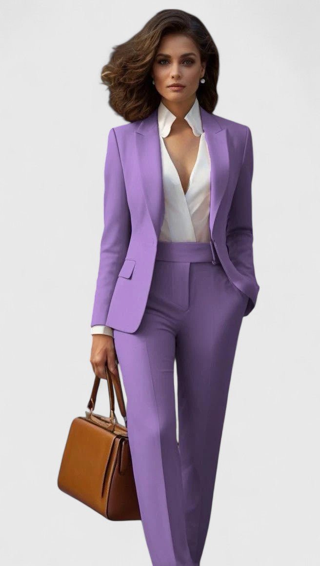 Empowering women's power suit; tailored lapel blazer paired with elegant straight leg pants for success.