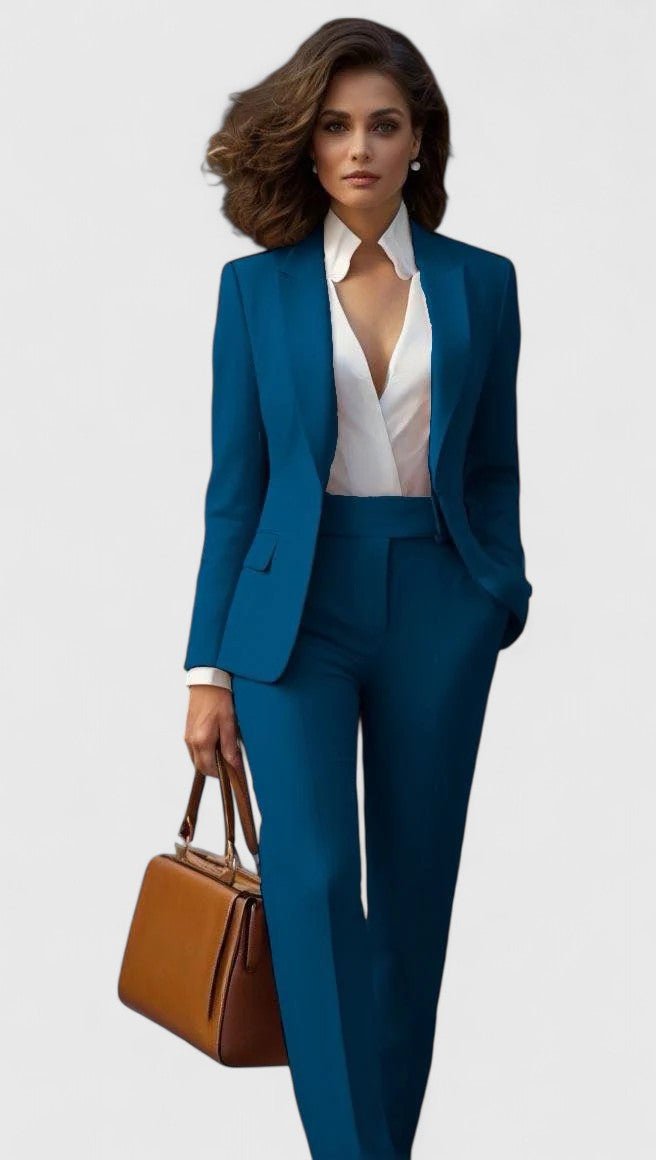 Comfortable women's workwear suit: a tailored lapel blazer & straight leg pants set for the professional.