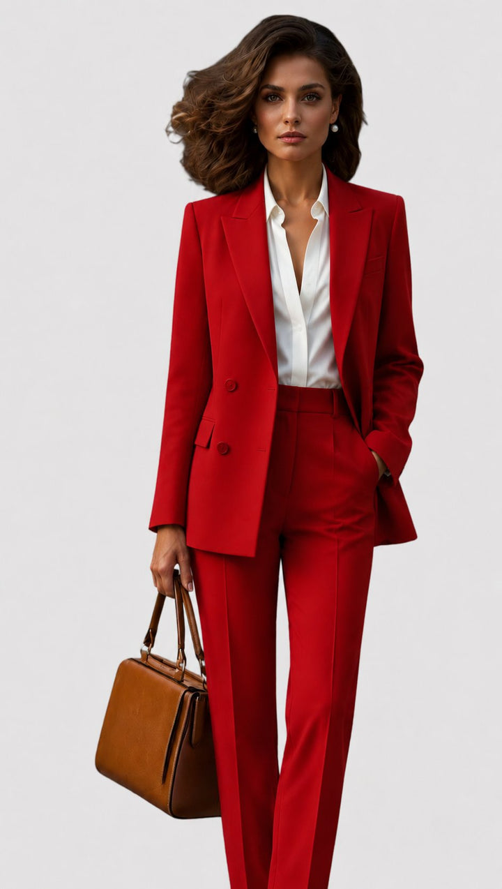 Chic women's tailored suit, ideal for formal events. Includes a lapel blazer & straight leg pants set.