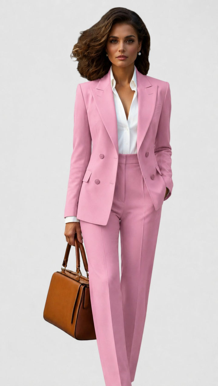 Sophisticated women's tailored suit with a classic lapel blazer and sleek straight leg pants, elegant.