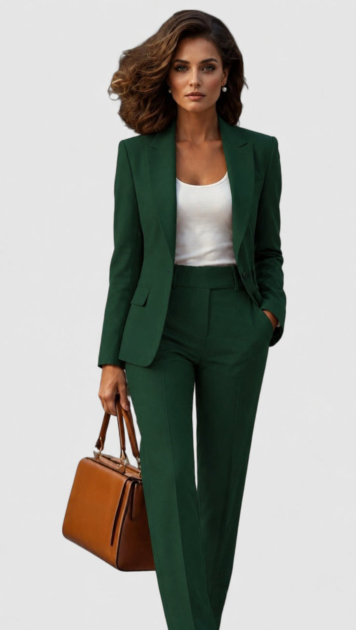 Elegant women's professional tailored suit: lapel blazer and straight leg pants for business or events.