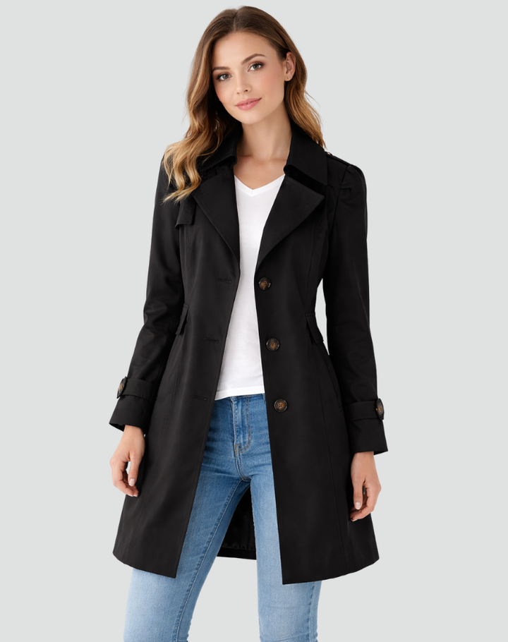 Elegant women's tailored trench coat, classic design for sophisticated fall & spring outerwear.