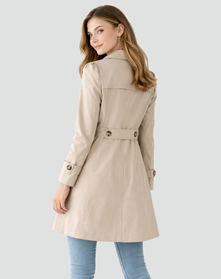 Classic tailored trench coat for women, elegant and chic for versatile fall & spring fashion.