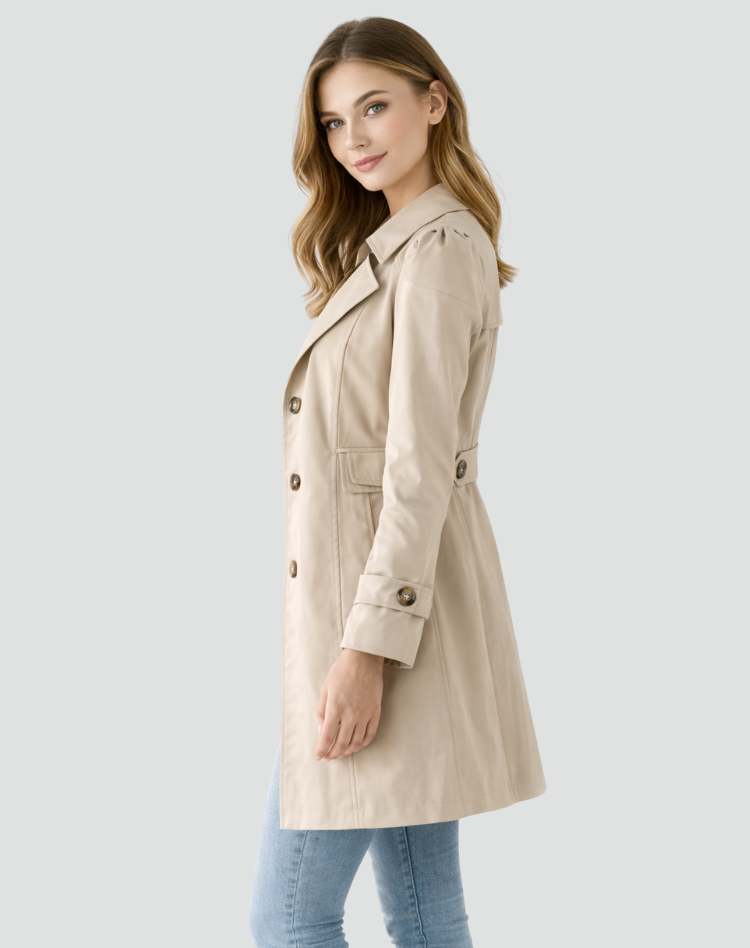 Sophisticated women's long sleeve trench coat, ideal for elegant office wear & casual layering.