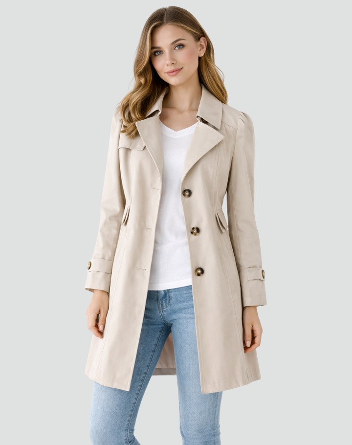Chic women's outerwear: a tailored trench coat for elegant fall & spring fashion statements.