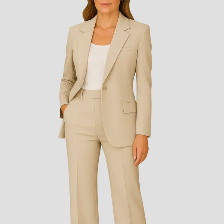 Elegant women's tailored two-piece suit with long sleeve blazer & wide leg pants. Perfect for office or formal events.