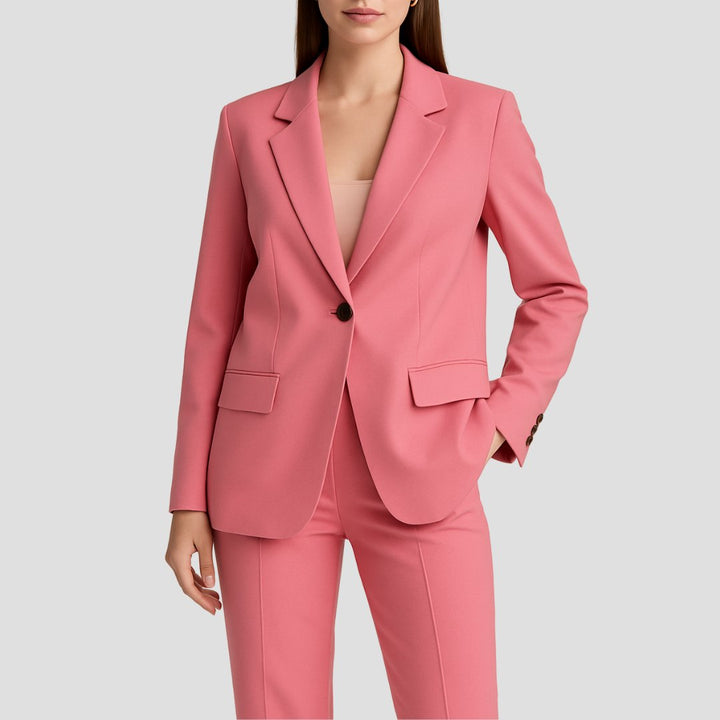 Professional women's power suit: tailored long sleeve blazer and chic wide leg pants. Ideal business wear.