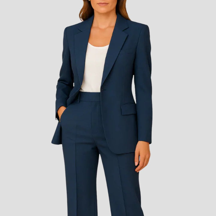 Sophisticated women's tailored two-piece suit. Chic long sleeve blazer & elegant wide leg pants for formal occasions.
