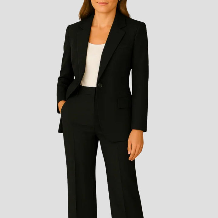 Chic women's power suit: tailored long sleeve blazer and wide leg pants. Versatile for office, business & formal.