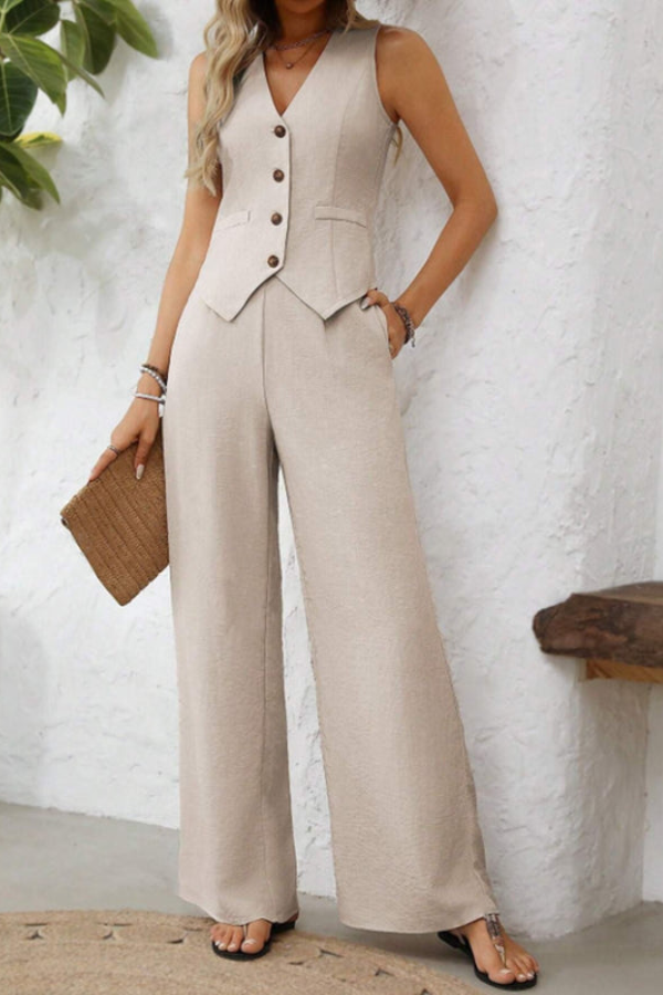 Sophisticated women's tailored vest & wide-leg pants set. Professional yet elegant for spring business casual outfits.