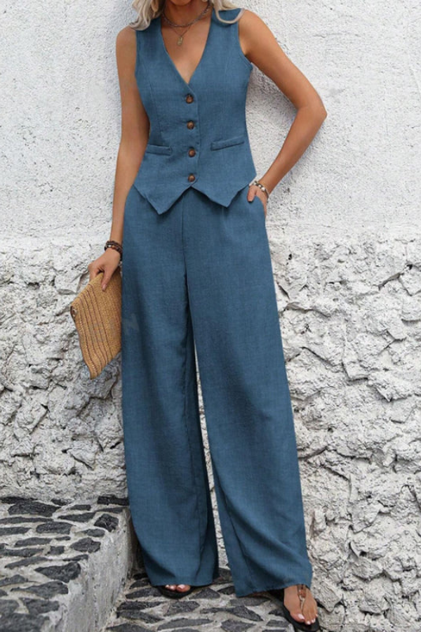Stylish women's two-piece set: a sharp tailored vest and comfortable wide-leg trousers for modern spring fashion.