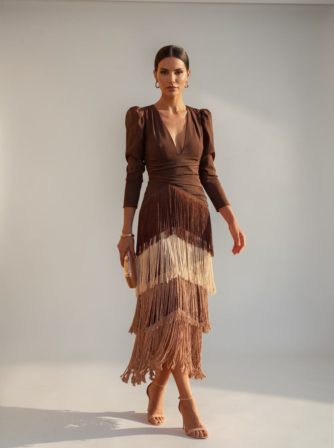 Elegant women's tiered fringe V-neck midi dress for formal evening wear. Perfect long sleeve cocktail or party gown.