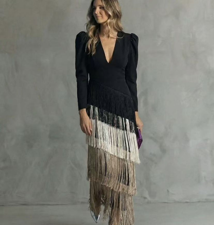 Elegant women's V-neck midi dress, featuring tiered fringe and long sleeves, ideal as a formal evening gown.
