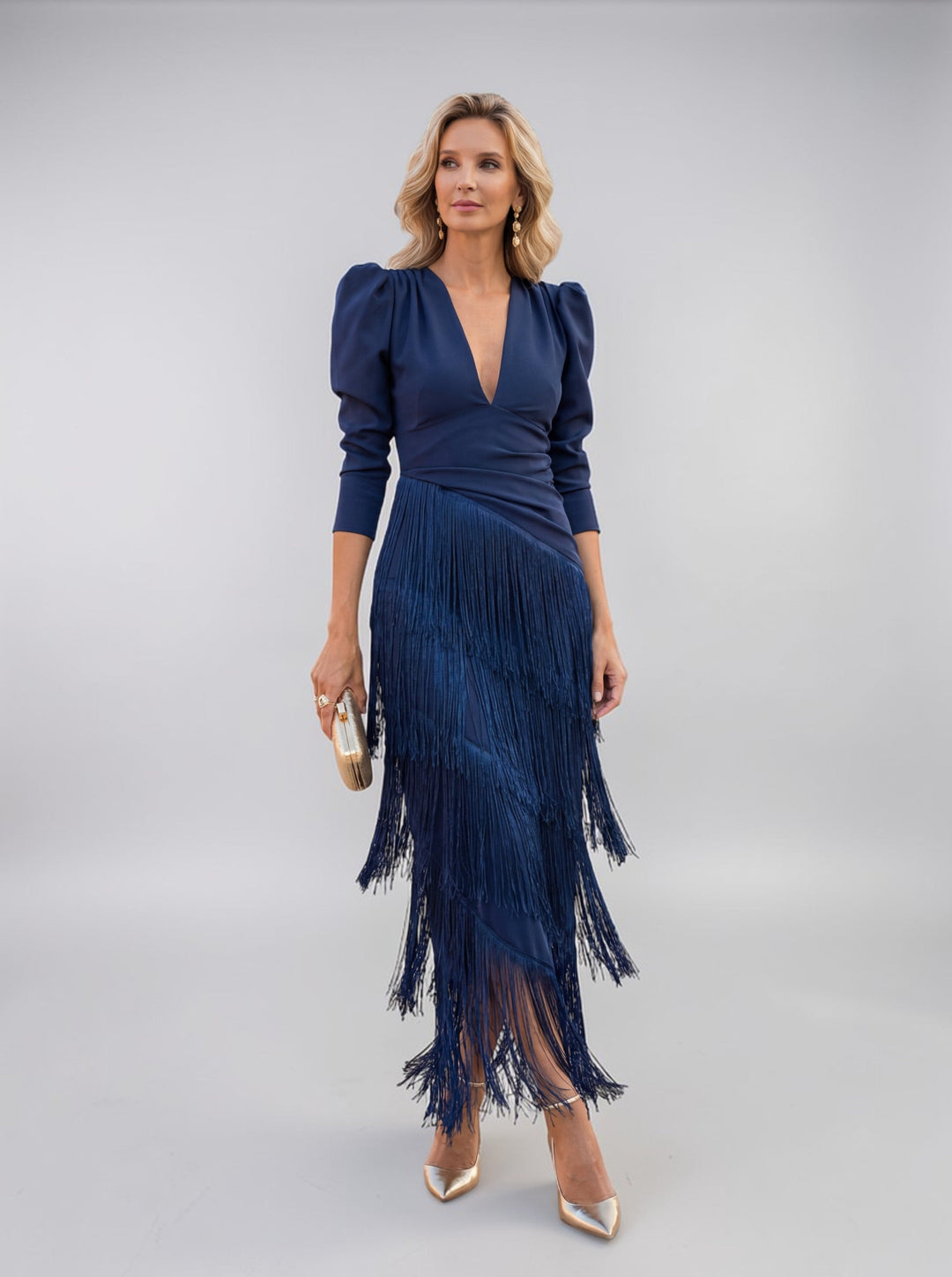 Formal women's evening gown: a tiered fringe V-neck midi dress with long sleeves for special occasions.