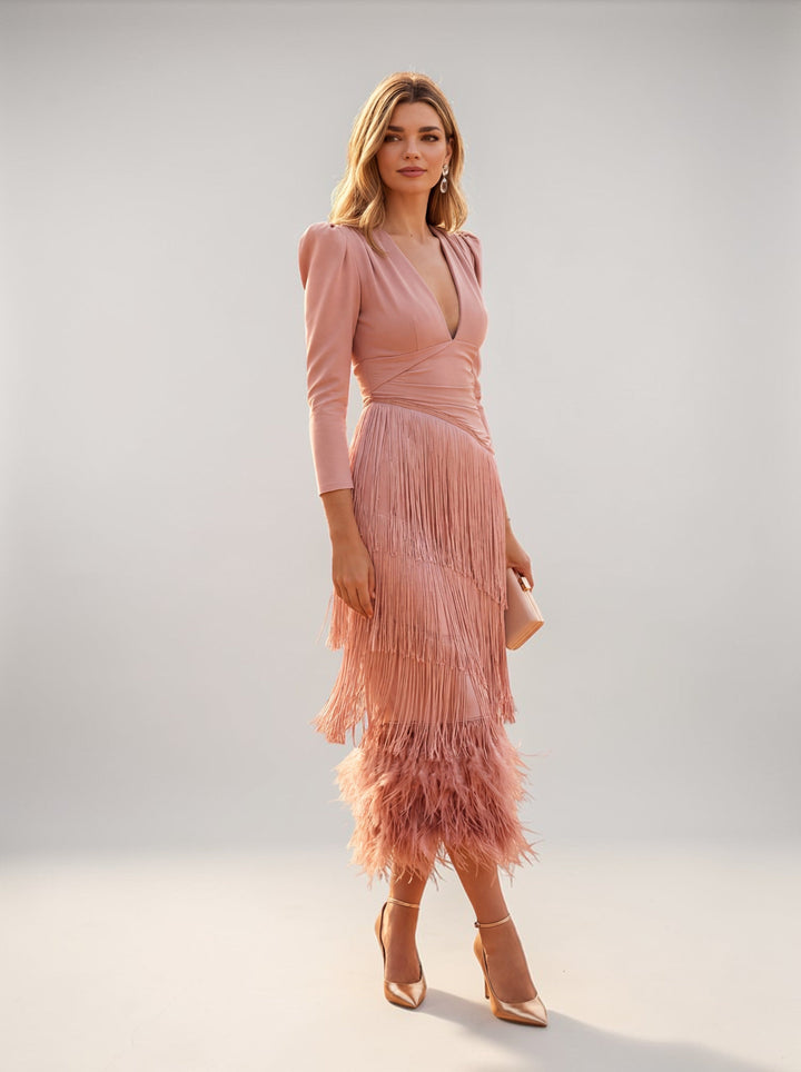 Fashionable women's fringe midi dress with a V-neck, an elegant tiered long sleeve gown for parties.