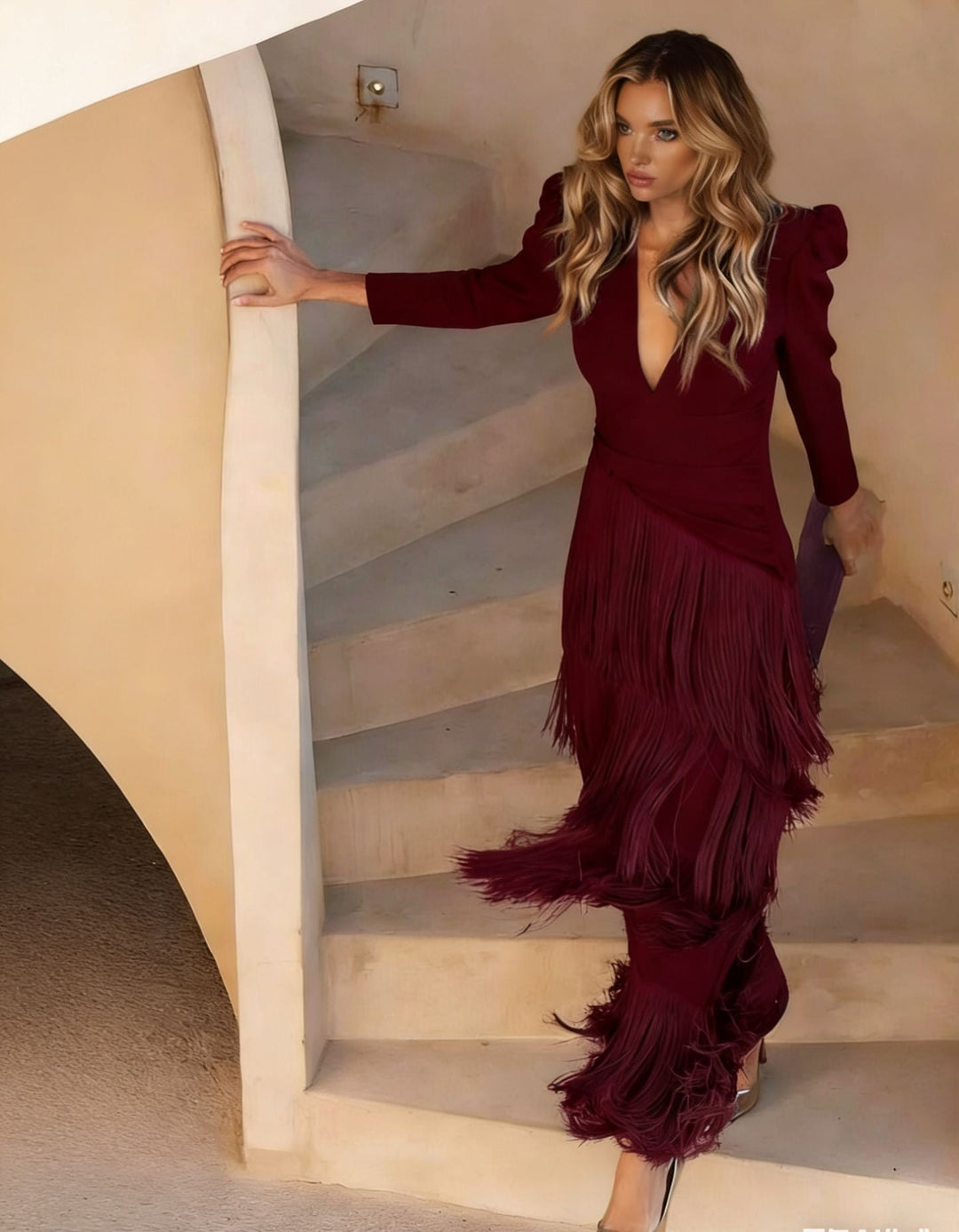 Glamorous tiered fringe V-neck midi dress for women, an elegant formal gown perfect for evening events.