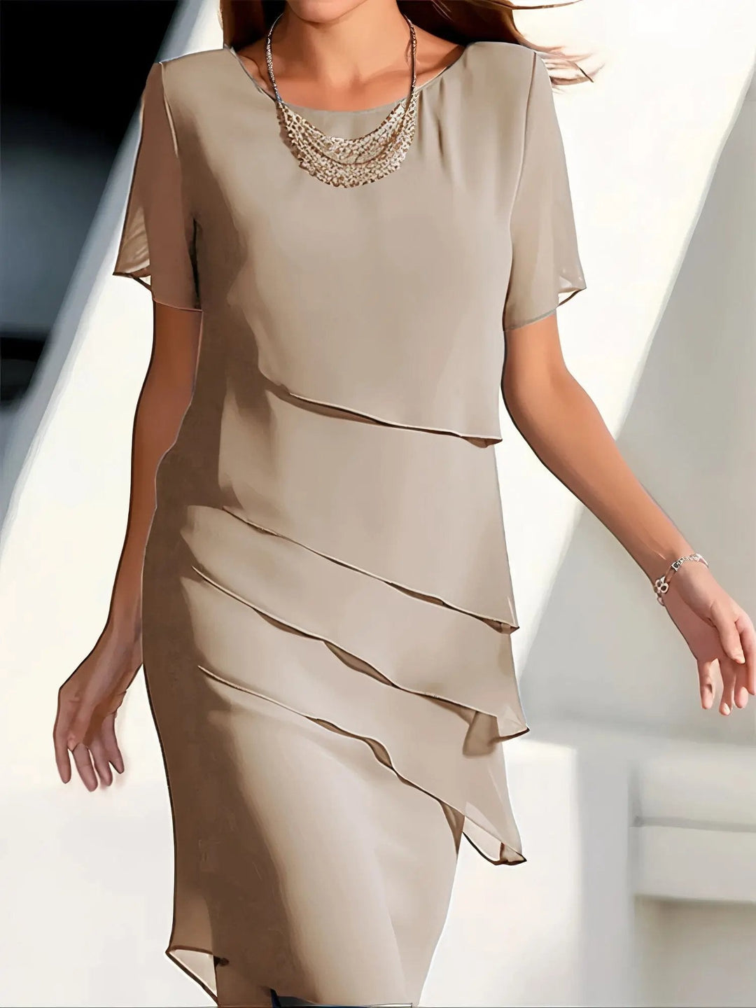 Women's elegant short sleeve tiered midi dress. Relaxed fit, round neck, perfect for special occasions & spring events.