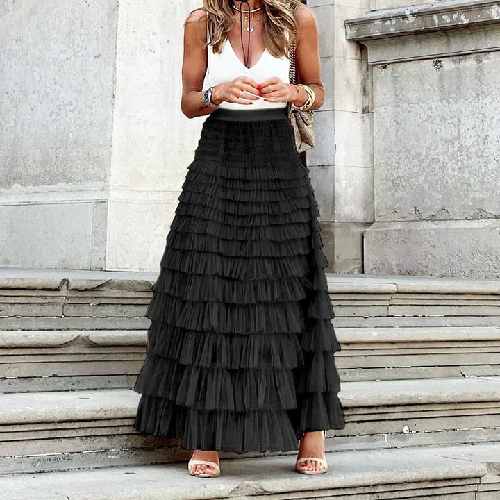 Stylish women's tiered ruffle maxi skirt, a chic choice for evening wear, weddings, and formal special occasions.
