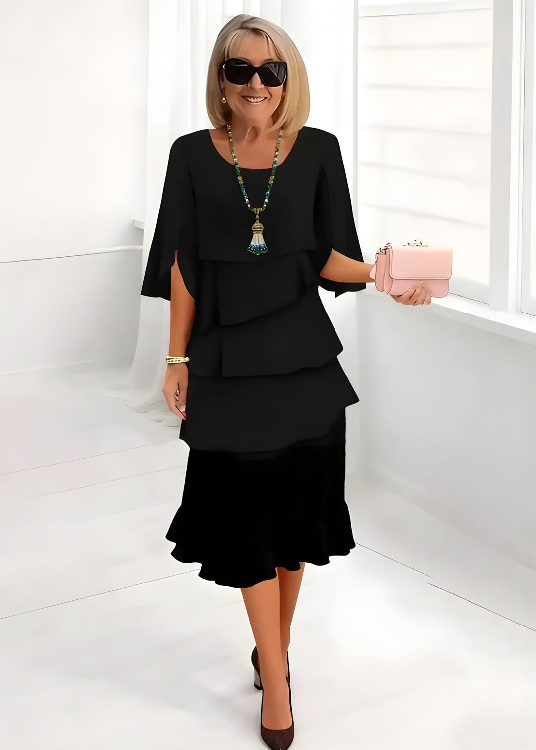 Flowy women's elegant midi dress with tiered ruffles & flared sleeves, ideal for party, occasion, & summer fashion.