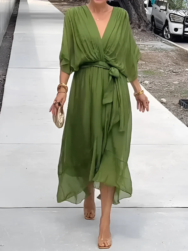 Elegant women's timeless wrap midi dress with a flattering tie waist, perfect for versatile everyday summer style.