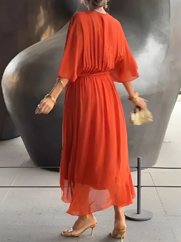 Flattering women's wrap midi dress, a classic and elegant choice for spring fashion or comfortable everyday wear.