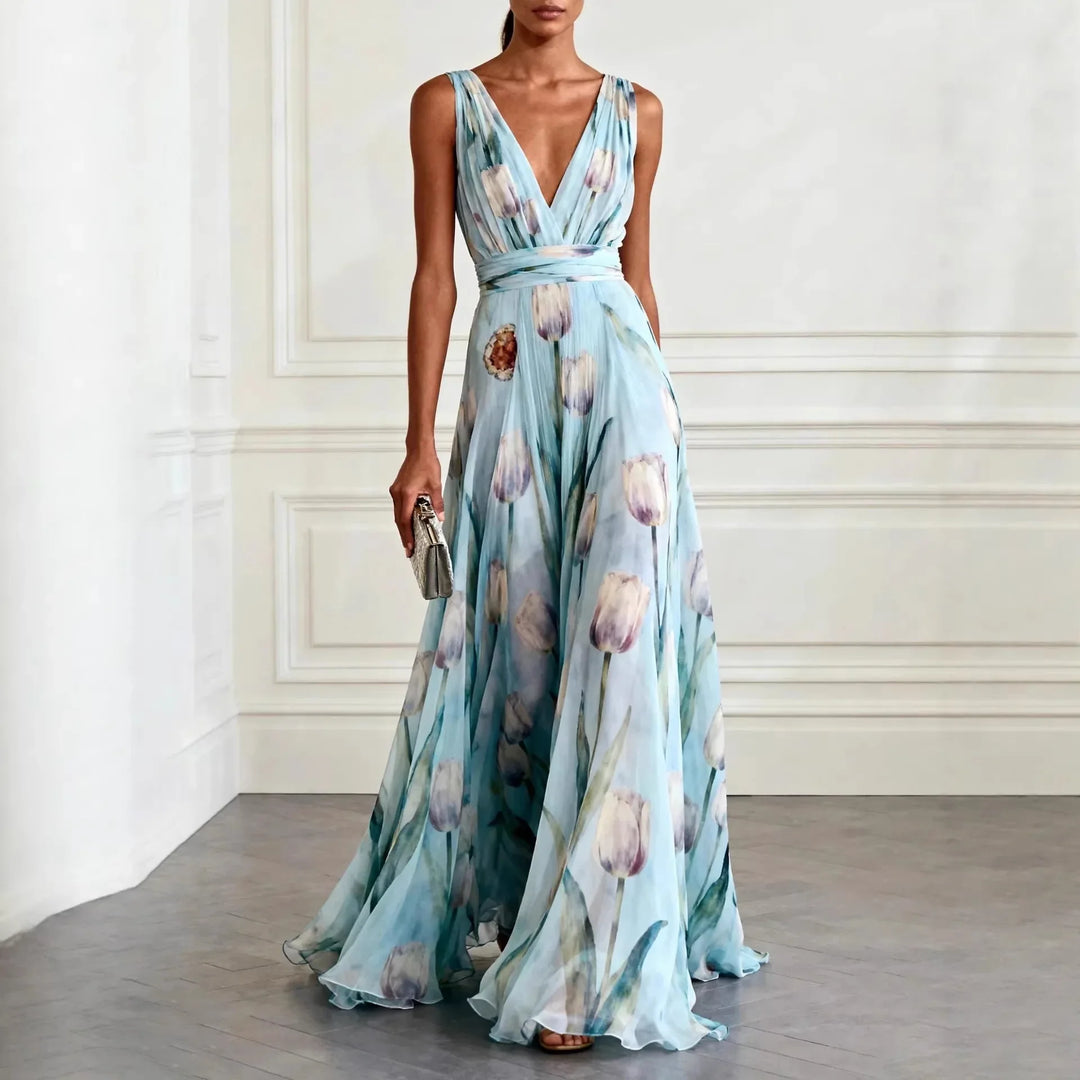 Elegant women's tulip print midi dress with V-neck, perfect for wedding guests or special occasions.