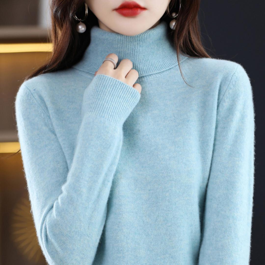 Women's elegant high neck sweater, versatile and chic, perfect for winter and autumn wear.