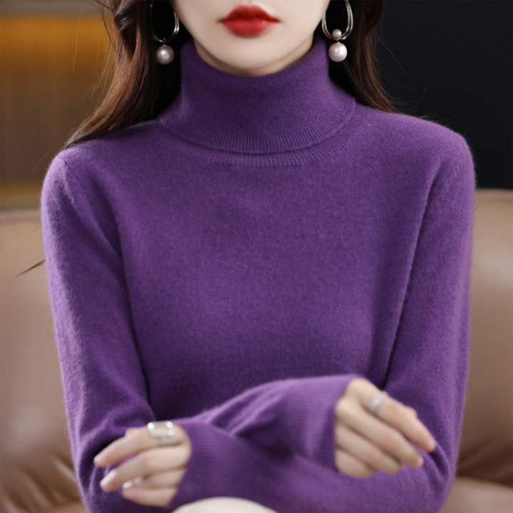 Cozy women's slim fit turtleneck sweater, solid color. Stylish and warm for winter fashion.