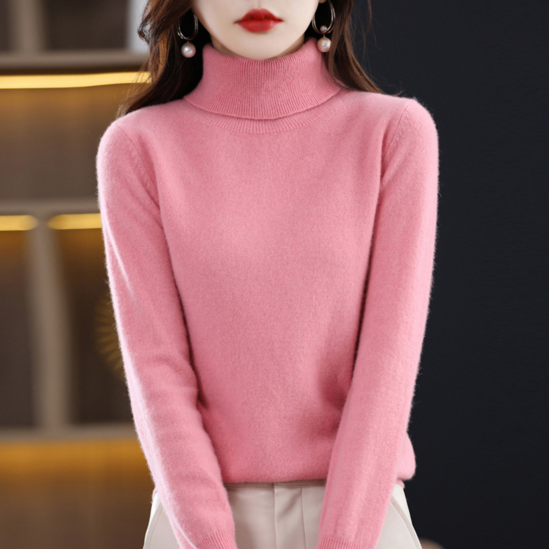 Stylish women's solid color turtleneck top, slim fit, cozy for casual chic autumn fashion.