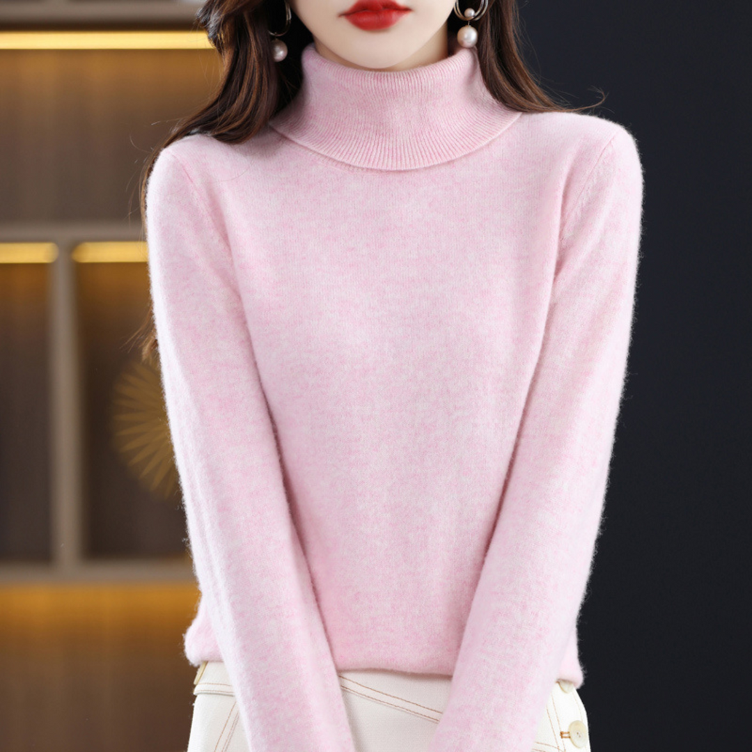 Women's high neck long sleeve sweater, elegant and versatile, ideal for winter fashion and layering.
