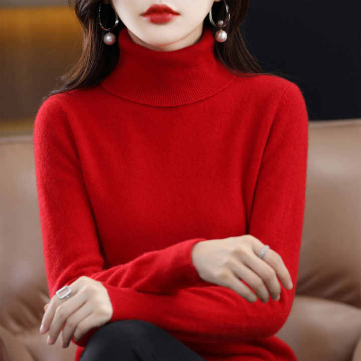Close-up: cozy women's turtleneck sweater. Solid color, slim fit, perfect for elegant autumn outfits.