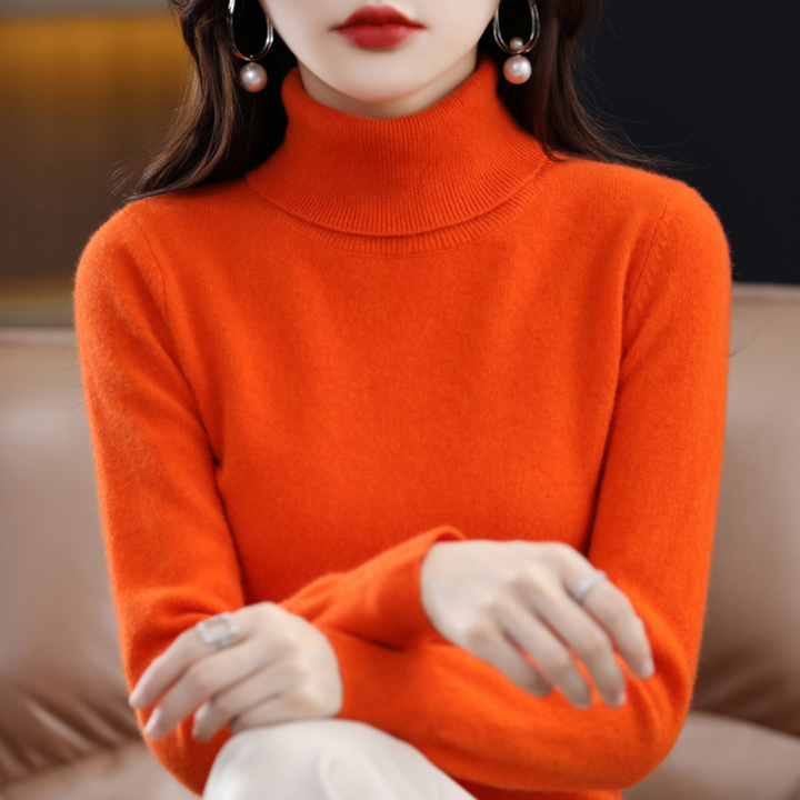 Elegant women's long sleeve turtleneck, versatile solid color top for stylish winter fashion.